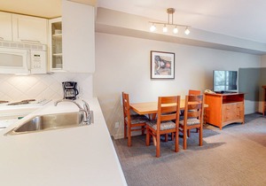 Mountain studio with fireplace, jetted tub, quick ski access, & gym