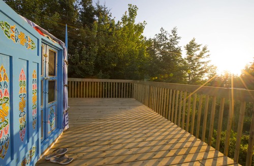 Indian Brook Resort | Large sky blue yurt at Cabot Shores Wilderness Resort