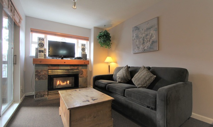 Village North Condo | Marketplace Lodge #212 | Studio with Kitchen, Fireplace, and Balcony